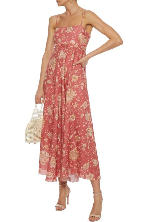 ZIMMERMANN Veneto Strapless Shirred Floral Print Linen Midi Dress THE