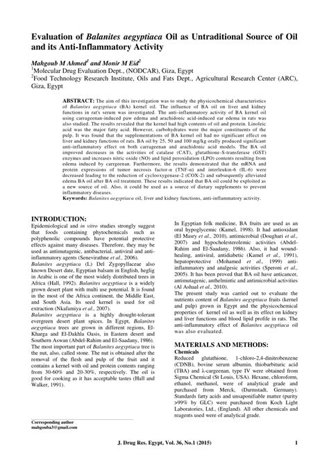 (PDF) Evaluation of Balanites aegyptiaca Oil as Untraditional Source of ...