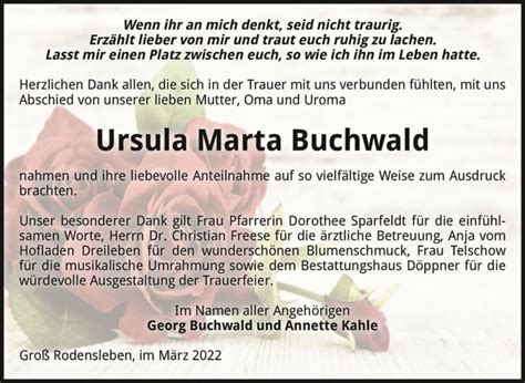 Traueranzeigen Von Ursula Marta Buchwald Abschied Nehmen De