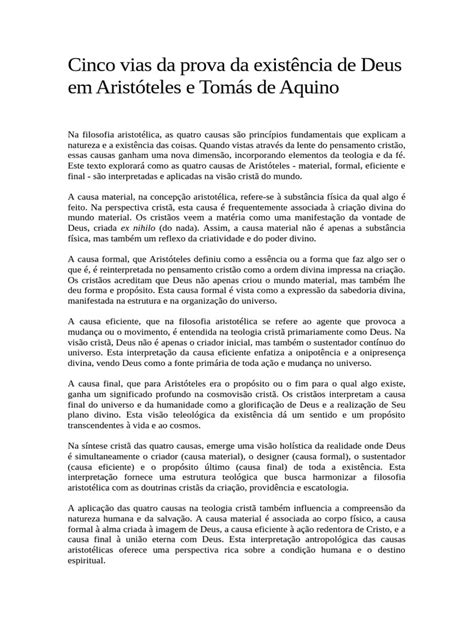 Cinco Vias Da Prova Da Existência de Deus em Aristóteles e Tomás de ...