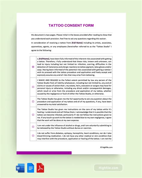 Tattoo Consent Form Template Word PDF Docs Highfile