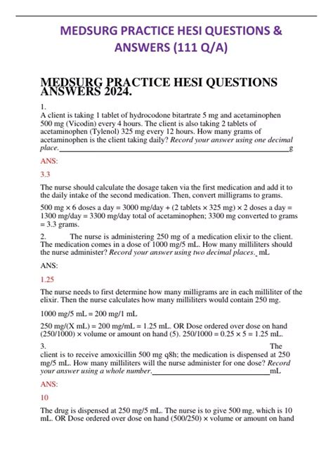 Medsurg Practice Hesi Questions Answers Medical Surgical