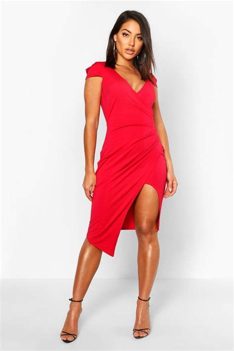 Cap Sleeve Wrap Midi Dress Bodycon Dress With Sleeves Red Midi Dress Wrap Midi Dress