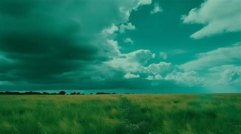 Premium AI Image A Field With A Cloudy Sky And A Green Field With A