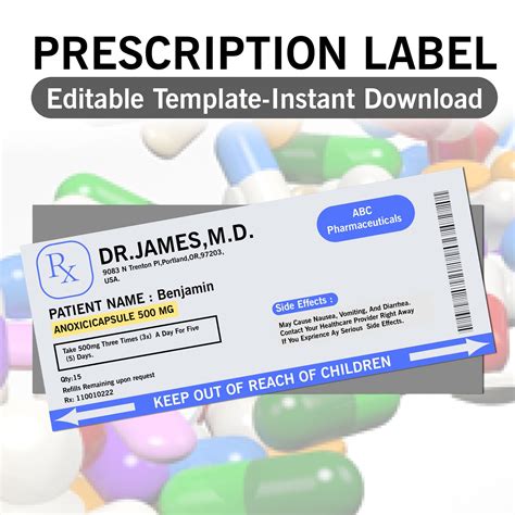 Prescription Label Template Editable Medicine Label Pill Bottle Label