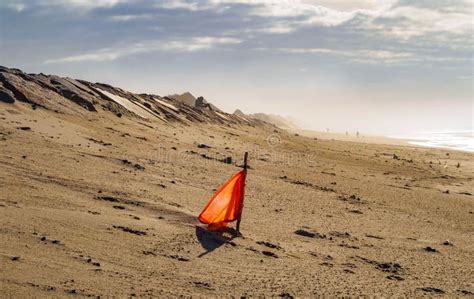 The Orange Flag On Beach, Sea Background Stock Photo - Image of blue ...