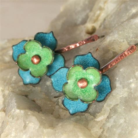 Flower Copper Enamel Earrings Aqua Blue Patina Green Boho Moroccan