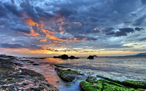 Landscape Sunset Sea Bay Water Rock Shore Sky Clouds Beach