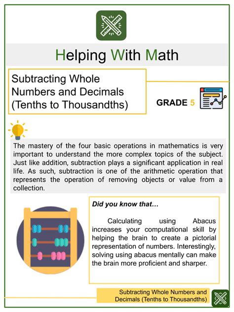 Subtracting Whole Numbers And Decimals Tenths To Thousandths