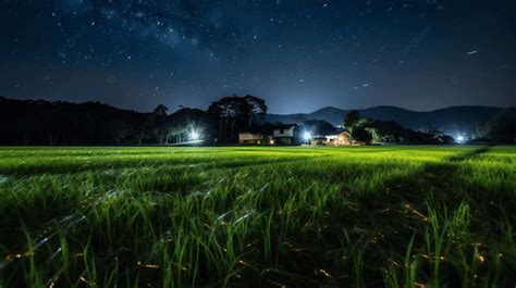 Malam Dan Bidang Bintang Di Sawah Dengan Rumah Dan Bintang Di Langit