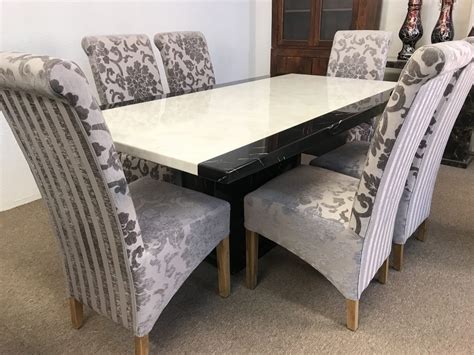 Monaco B W 180cm Marble Dining Table And 6 Mink Tall Scrollback