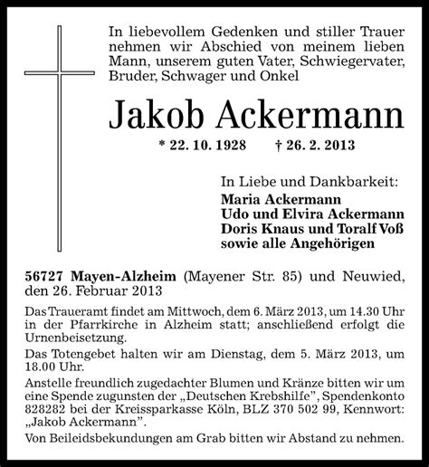 Traueranzeigen Von Jakob Ackermann Rz Trauer De