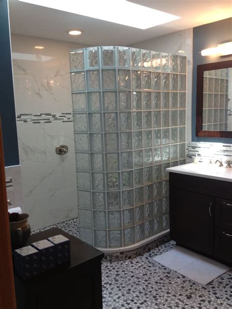 Bathroom Remodel With Curved Barrier Free Glass Block Walk In Shower In Black Hawk Colorado