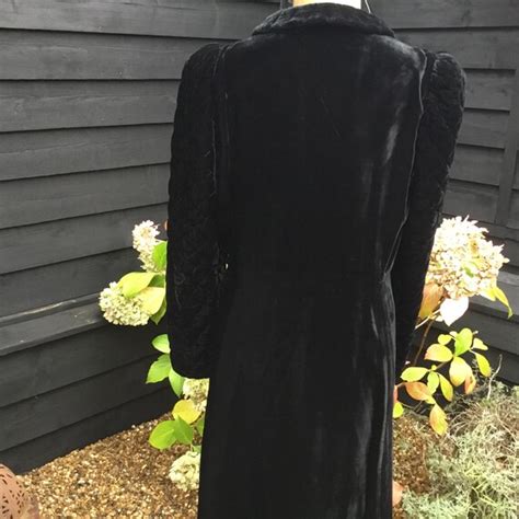 Antique Vintage Long Black Velvet Coat Quilted Sleev Gem