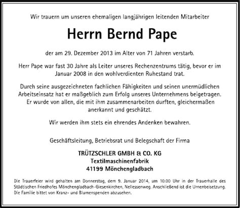 Alle Traueranzeigen für Bernd Pape trauer rp online de