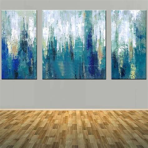 Modern Abstract Art Handmade Three Panels Blue Color Canvas Oil Painting Blue Abstract Wall