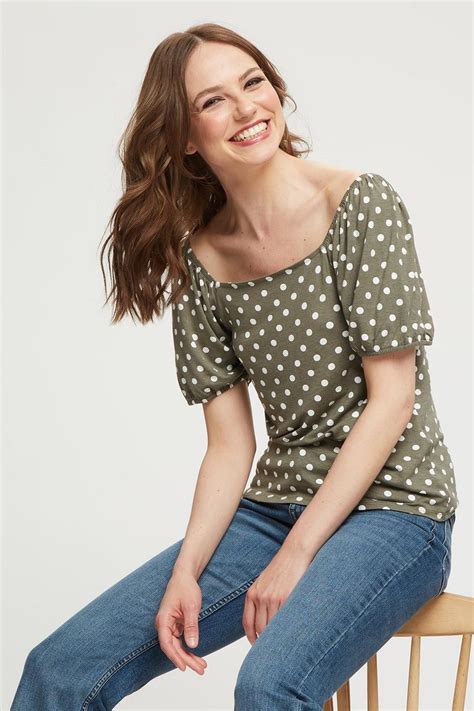 Tops Khaki Spot Square Neck Ditsy Top Dorothy Perkins