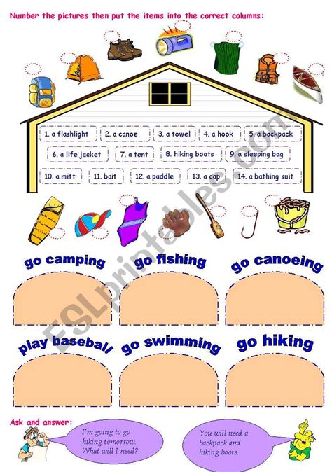 Equipment For Outdoor Activities Esl Worksheet By Hoatth