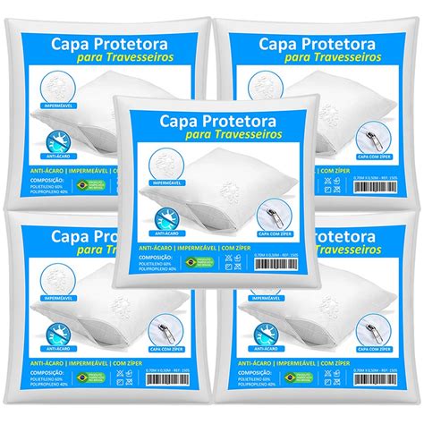 Kit 5 Capas Travesseiro Impermeável Branca 50cm x 70cm Zíper e