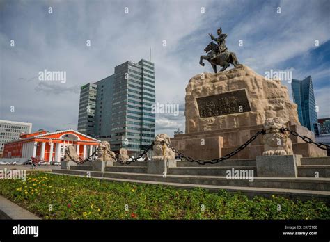 The Sukhbaatar statue on the Sukhbaatar Square or Genghis Khan Square ...