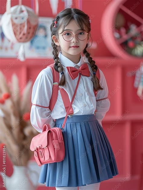 A young girl wearing glasses, a blue skirt, and a red bow tie poses for a picture. She is ...