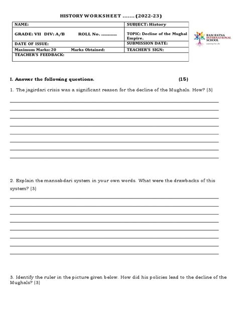 7th History Worksheet Pdf Mughal Empire South Asia