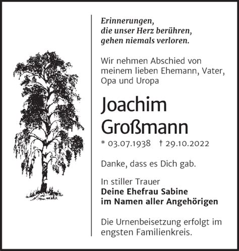 Traueranzeigen Von Joachim Gro Mann Abschied Nehmen De