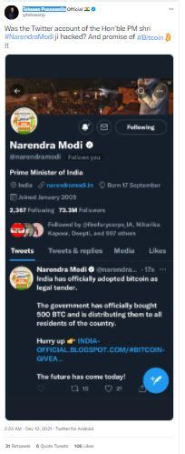 Pm Modi S Twitter Handle Very Briefly Compromised Secured Later