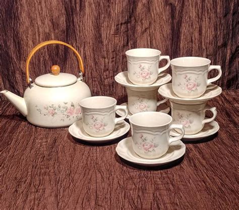 Pfaltzgraff Tea Rose Set Of Teacups Saucers And Metal Tea Etsy