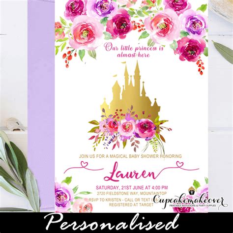 Floral Pink Gold Castle Baby Shower Invitations Cupcakemakeover