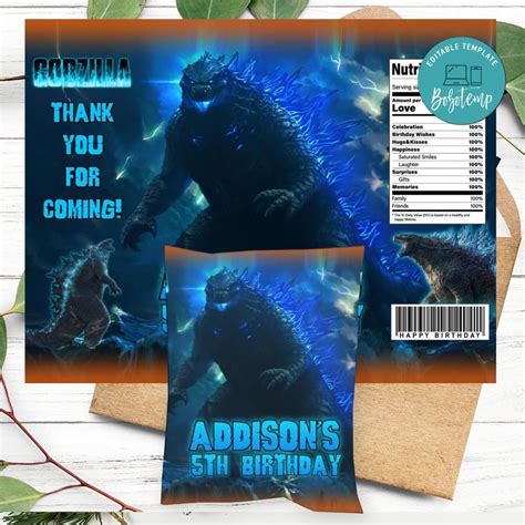 Godzilla Birthday Party Chip Bag Digital File Diy Bobotemp