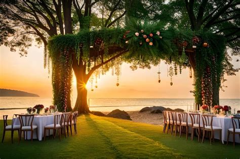 Premium Photo A Wedding Ceremony Under A Tree With Chairs And