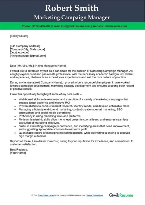 Marketing Campaign Manager Cover Letter Examples Qwikresume