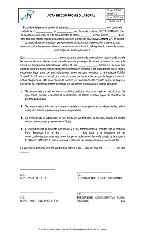 Fs Formato De Acta De Compromiso Laboral V Acta De Compromiso The