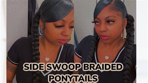 2 Sleek Swoop Braided Ponytails On Natural Hair Youtube