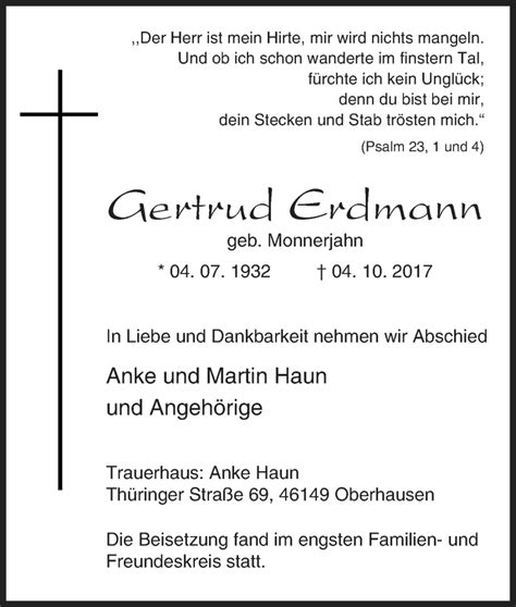 Traueranzeigen Von Gertrud Erdmann Trauer In Nrw De