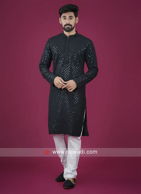 Black Cotton Lucknowi Mens Kurta Pajama