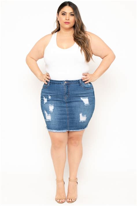 Plus Size Distressed Denim Mini Skirt Medium Wash Shopperboard