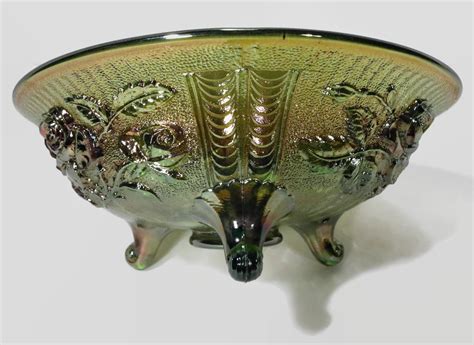 Ca 1950 70 Imperial Glass Open Rose Helios Green Carnival Glass 8 Bowl