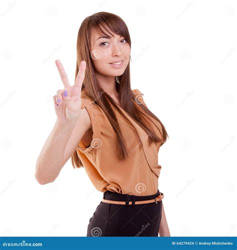 Happy Teenage Gorgeous Girl Showing Victory Sign Or Peace Sign Stock