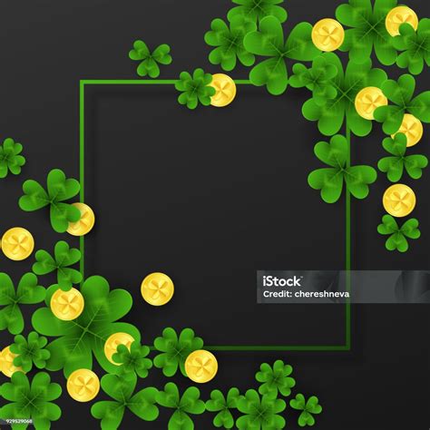 Saint Patrick Day Frame With Corner Decoration Green Gold Four And Tree Leaf Clovers Golden