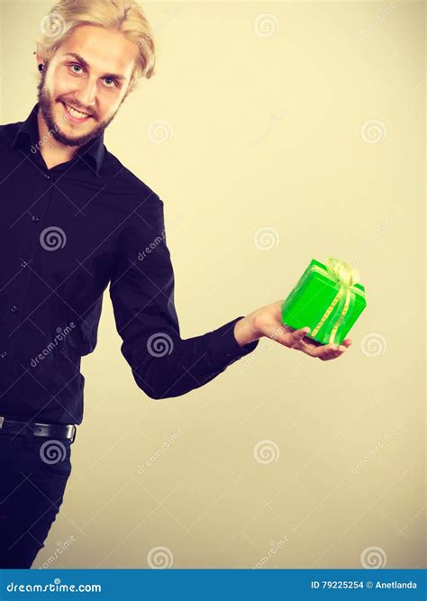 Man Holding Present Green T Box In Hand Stock Photo Image Of Model