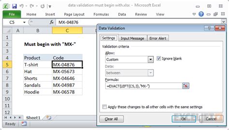 Data validation must begin with - Excel formula | Exceljet