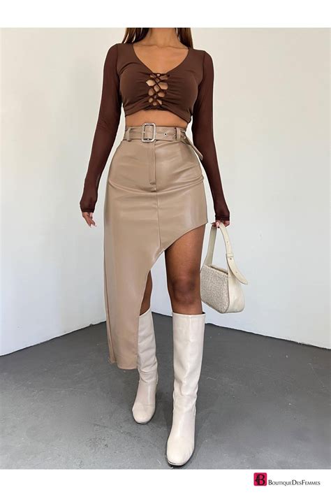 Beige Arched High Waist Leather Skirt Boutique Des Femmes