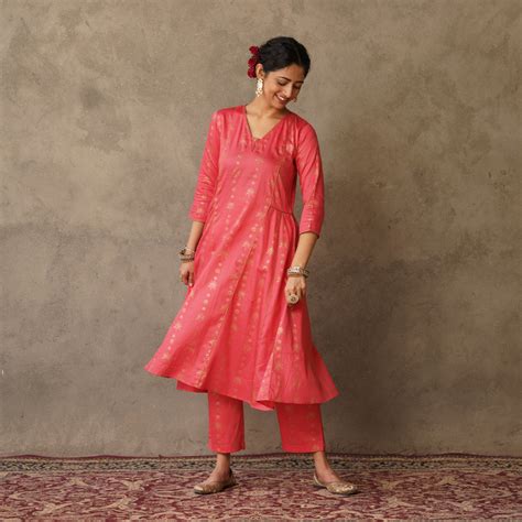 Coral Block Printed Anarkali Kurta With Hand Embroidery And Piping Det