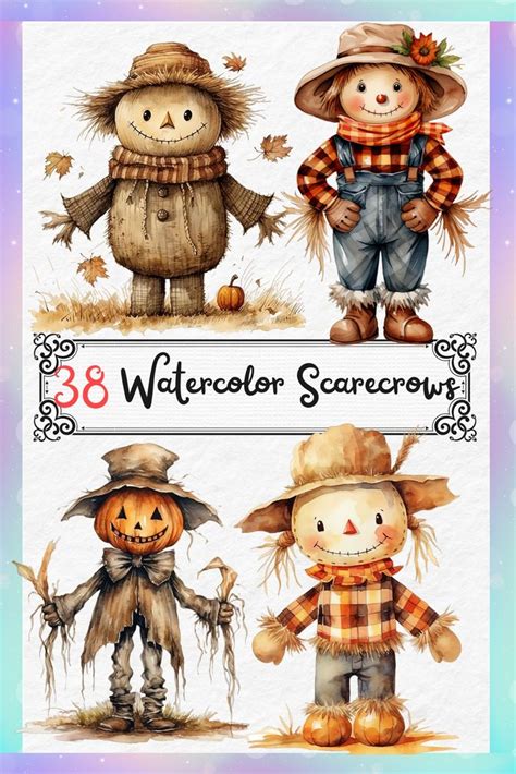 Watercolor Scarecrows With Pumpkins And Hats