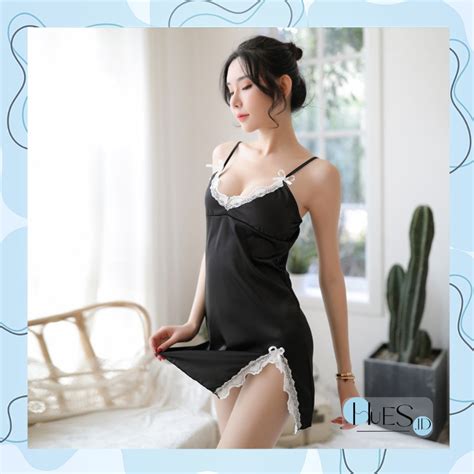 Jual Hues Id Lingerie Bahan Satin Baju Tidur Tanpa Lengan List Putih