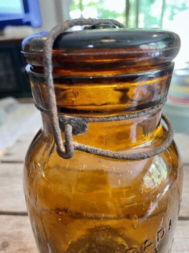 Antique Trade Mark Lightning Putnam Amber Canning Jar With Lid Wavy Bubble Glass 4565430005