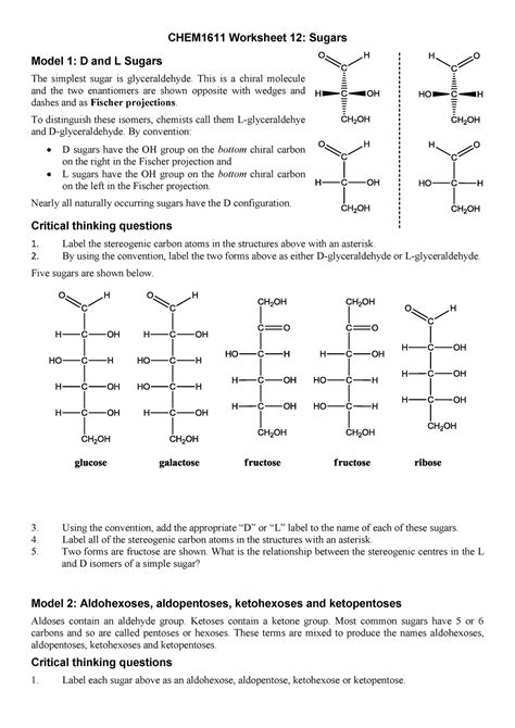 Sugars Chem1611 Worksheet 12 Sugars Model 1 D And L Sugars The