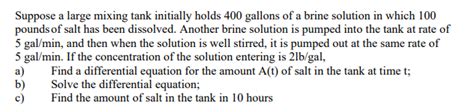 Solved Suppose A Large Mixing Tank Initially Holds 400 Chegg